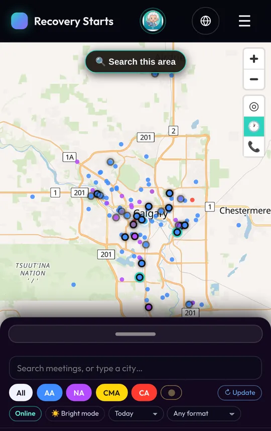 Calgary on the Recovery Starts meeting map, with pins from many sources and the next meetings listed